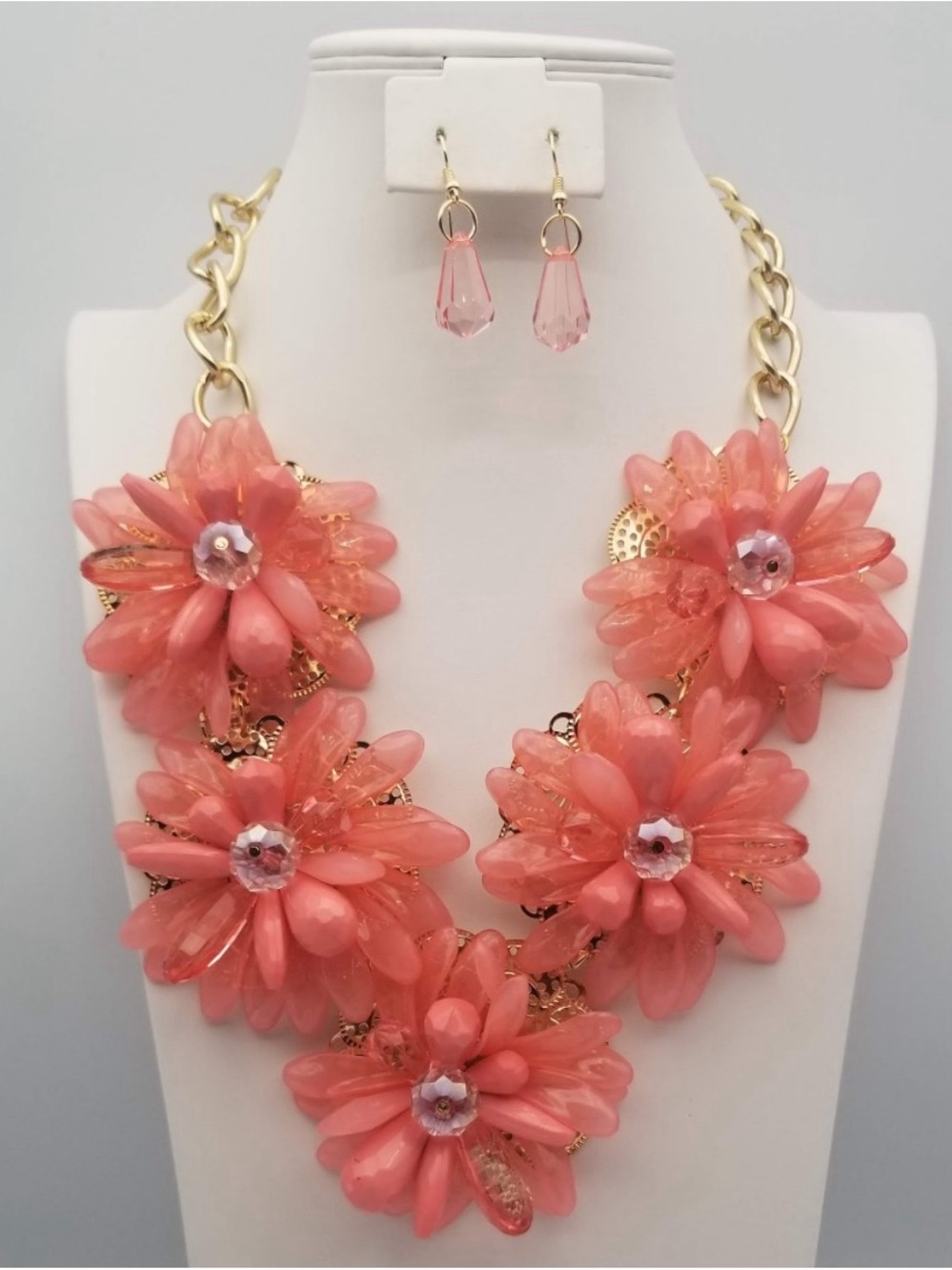 Coral Pink Floral Statement Necklace and Earrings Set